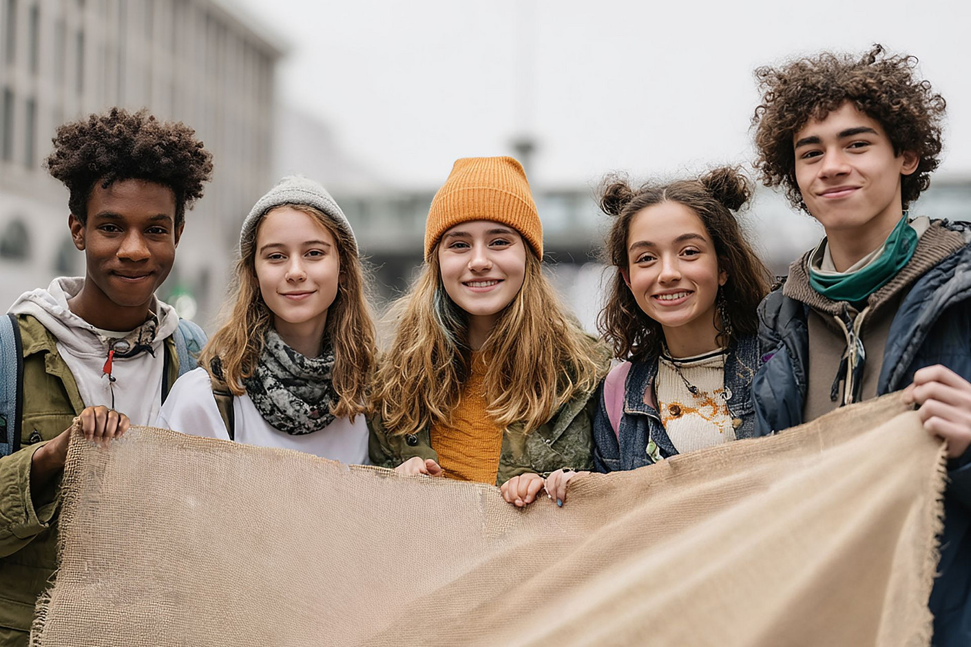 Des jeunes engagés, prêts à écrire leur avenir Cinq jeunes souriants, debout côte à côte en extérieur, tiennent ensemble une grande bannière en toile. Ils symbolisent l'engagement, la solidarité et la détermination des jeunes en apprentissage.