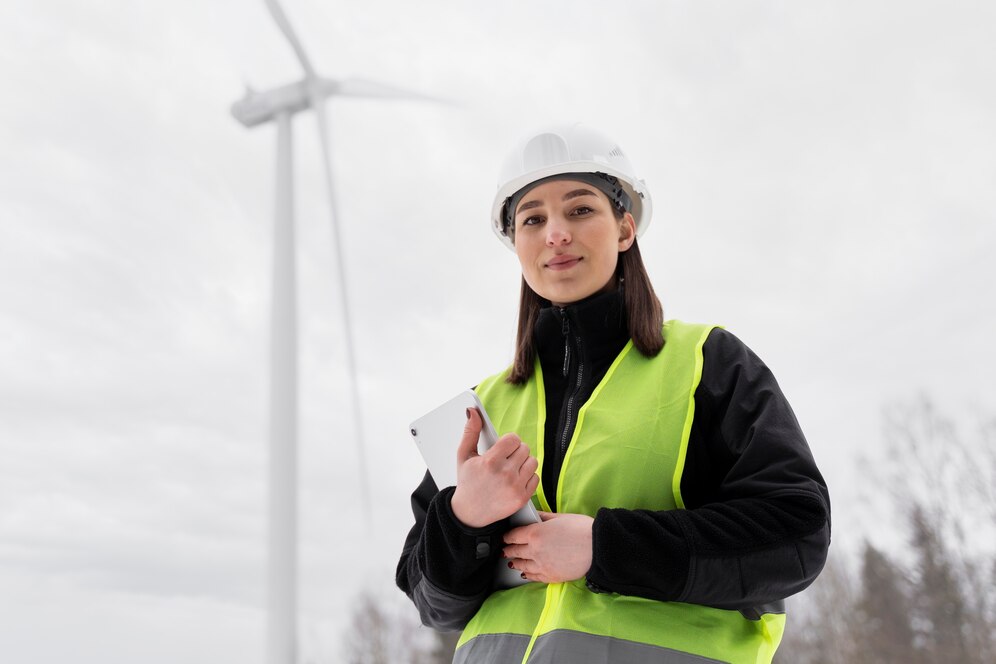 Ingénieur en énergie renouvelable inspectant une installation éolienne